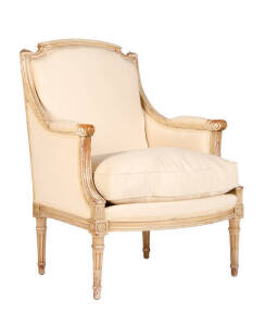 Antique French armchair with cream finish and upholstery.&nbsp;