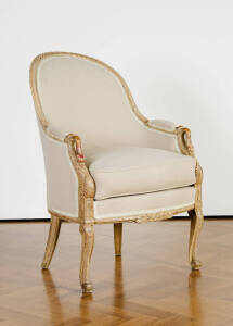 Antique French tub armchair with swan neck hand rests, upholstered in beige fabric&nbsp;