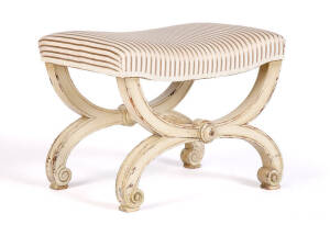Footstool: Early 19th century with painted finish & striped beige upholstery.