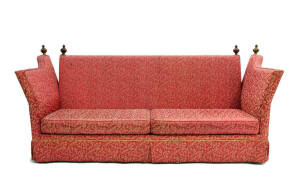 Georgian style settee upholstered in a red brocade fabric with gilt finials. Impressive size, length 275cm x depth 98cm x height 125cm&nbsp;