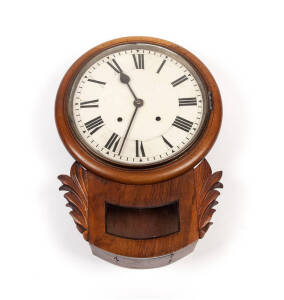 Antique walnut wall clock. Enamel metal dial and Roman numerals. Height = 52cm