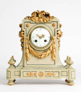 French antique wooden cased mantle clock with green painted finish and gilded highlights