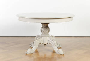 A beige painted Victorian circular dining table, English 19th century