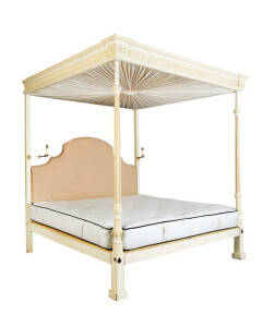 A cream painted Georgian style four poster bed, 234cm high, 208cm wide and 193cm deep