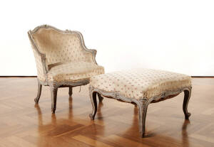 A Louis XV style blue painted fauteuil and matching ottoman, French 19th centuryottoman: 57cm high, 67cm wide&nbsp;fauteuil: 76cm high and 66cm wide&nbsp;