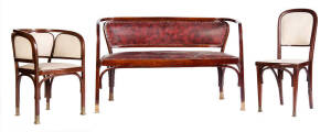 A bentwood nine piece drawing room suite designed by Gustave Siegel, Austrian circa 1905, with square brass feet, settee 124cm wide and 75cm high