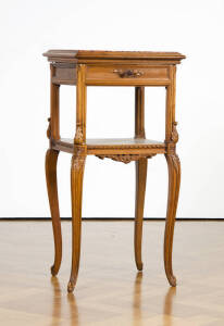 French one drawer bedside table. Carved walnut and rouge marbletop. 31 X 48 x 83cm