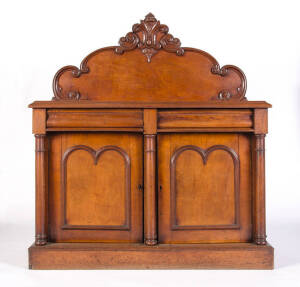 Colonial cedar sideboard: 2 Drawer cantilever top supported by 3 turned columns, unusual double domed panel doors, carved back & original patina. 148 x 60 x 100cm