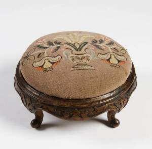 FOOTSTOOL: English carved oak with tapestry top, c1870s. 27cm