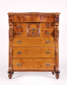 HUON PINE CHEST: 8 Drawers with serpentine front, carved columns & beautiful birdseye figuring. Late 19th century. H.140 x 116 x 53cm