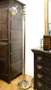 Ornate brass standard lamp with etched glass shade. 174cm