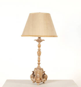 French carved timber table lamp & shade. 105cm
