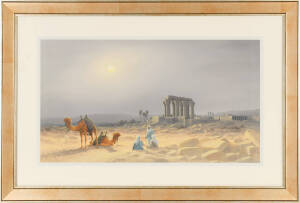 ROY LEITCH (Australian): "Medamut",Bedouins in desert landscape watercolour right, &nbsp;71x39cm, window mounted, framed & glazed.