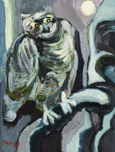 European School, Owl under moon light, signed and dated 60 lower left, 57 x 45cm