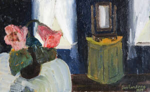 Still life - interior with mirror and pink flowers,oil on canvas,signed and dated 51 lower right,40 x 53cm&nbsp;&nbsp;