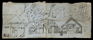 [VICTORIAN GOLDFIELDS - BENDIGO] Artist Unknown, Pen and ink drawing on paper, 10 x 25cm approx., the image including the Sargood & Co. store at left (Draper); the POHL SYMONDS & Co General Store, etc. circa 1857.See BUILDING AT THE FRONTIER by Miles Lewi