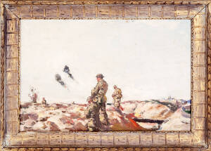 FANK CROZIER (1883-1974): WW1 battlefield scene oil on board. Crozier enlisted in the A.I.F in 1915 & served at both Gallipoli & the Western Front most notably at Pozieres. Later he was appointed an Official War Artist along with the likes of Arthur Stree