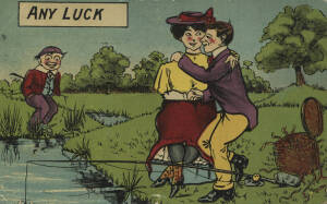 COMIC POSTCARDS - RELATIONSHIPS: Collection in album, noted courtship, flirtation, honeymoons, marriage (good & bad), divorce, bossy wives, mothers-in-law. Fair/VG.
