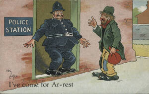 COMIC POSTCARDS: Various subjects in album, noted Television (18), Toilet (12), Tramps (35), Trousers (23) & Trains (81). Fair/VG.