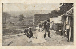 AUSTRALIANA: Impressive album containing "NED KELLY shoots Fitzpatrick", advertising, outback scenes, real photos by J.W.Lindt, birds by Neville Cayley, minig scenes etc. 100+ cards
