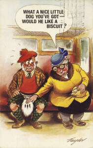 COMIC POSTCARDS: c1910-80s collection in album, noted range of artists & subjects, anti-woman types, advertising, famous "Hey Sonia" postcard, skirts, suffragette. Fair/VG.