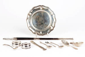 Remains of collection: Caddy spoons (2); Australian silver mustard spoon; napkin rings (2); pate knife and dish; apostle spoons (3); pair of silver mounted chopsticks. 240 grams approx.