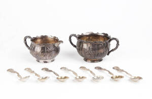 CHINESE SILVER milk jug & sugar bowl plus set of 7 Chinese silver tea spoons with dragon motifs. 350 grams total
