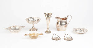 Group of sterling silver items: Milk jug; nut comport; dishes (2); pair of decanter labels; vase; horn & silver mounted wine taster.
