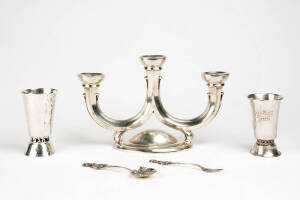 GERMAN SILVER 3 branch candelabra; 2 Israeli silver sabbath cups & a continental silver fork & spoon.
