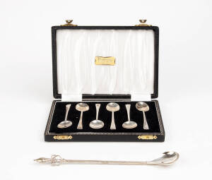 Sterling silver condiment set in box; coffee spoons in box; & cocktail spoon.