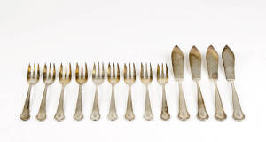 NAZI-ERA GERMAN SILVER: 9 cake forks & 4 matching fish knives made by LAMEYER. Each piece emblazoned with Luftwaffe eagle & swastika with monogrammed "B" for General BODENSCHATZ who was adjutant to Manfred von Richthofen in WW1 & went on to become Hermann