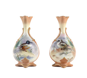 A pair of Locke & Co. Worcester pear shape vases with pierced shoulders decorated with ducks