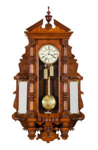 VIENNA REGULATOR: Walnut cased wall clock with wot not mirrored shelves, triple weight & enamel dial.&nbsp;