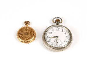 18ct Gold cased ladies pocket watch late 19th century; PLUS a gents nickel plated pocket watch.