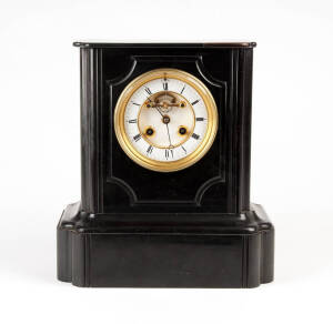 French mantle clock: Black slate case with deadbeat escapement. Case damaged, not working