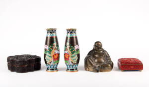 A collection of five Chinese artefacts comprising a pair of cloisonne vases 20.5cm high, a cinnabar lacquer box, a quatrefoil box 17cm wide and a bronze buddha 14cm high