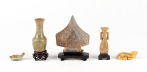 A Collection of five various Chinese hardstone carvings comprising a miniature vase 7.5cm high, another one 6cm high both with wood stands, a carving with inscription on the reverse 8.5cm high (with stand), a carved buffalo 5cm high and a carved turtle 3.
