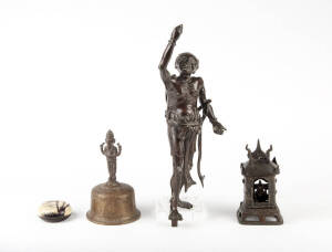 A Japanese bronze figure of a standing old man 36cm high, and three other items of metal ware 13, 15 and 18cm high