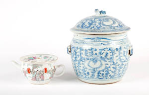 A polychrome painted teapot and cover, 13cm high, another 8cm high and a large blue and white circular bowl and cover 23cm wide