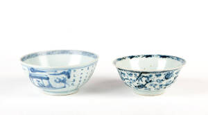 A Provincial Ming lotus meander bowl,15cm diameter and another blue and white bowl decorated with figures and calligraphy 16cm diameter
