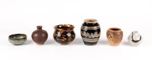 A small Jun glazed stoneware bowl, 9cm diameter and five other glazed stoneware vases, 7 to 12cm high