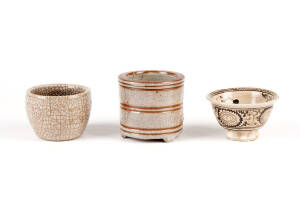A small Cizhou bowl with high foot, 9cm diameter and two Chinese crackle glaze vessels, 6 and 8cm high