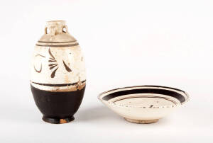 A Cizhou stoneware ovoid vase, Ming Dynasty, 24cm high and a similar bowl, 21cm diameter