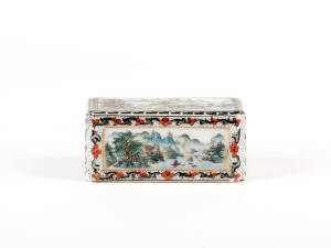 A finely painted porcelain scholar's weight, Qianlong mark 20th century, with inscription, 4cm wide, 9cm high&nbsp;