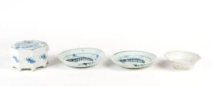 Two provincial Ming blue and white fish dishes,&nbsp;15 and 16cm diameter and two other Chinese porcelain pieces 12cm and 13cm wide