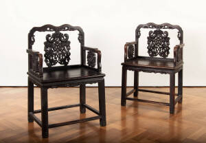 A pair of Chinese hardwood throne chairs, Qing Dynasty 19th century