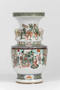 A Chinese famille-verte enameled porcelain vase, 20th century, with elephant head handles, 37cm high
