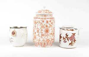 A iron red decorated Chinese ovoid jar and cover,&nbsp;20cm high and two other Chinese ovoid pieces 14 and 15cm high