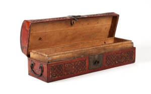 A carved wood dome top &ldquo;pigskin&rdquo; document box 44cm wide and 14cm high