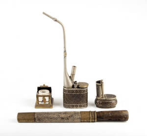 A brass mounted horn handle dagger with shagreen scabbard, 34cm long and three other items of metal ware